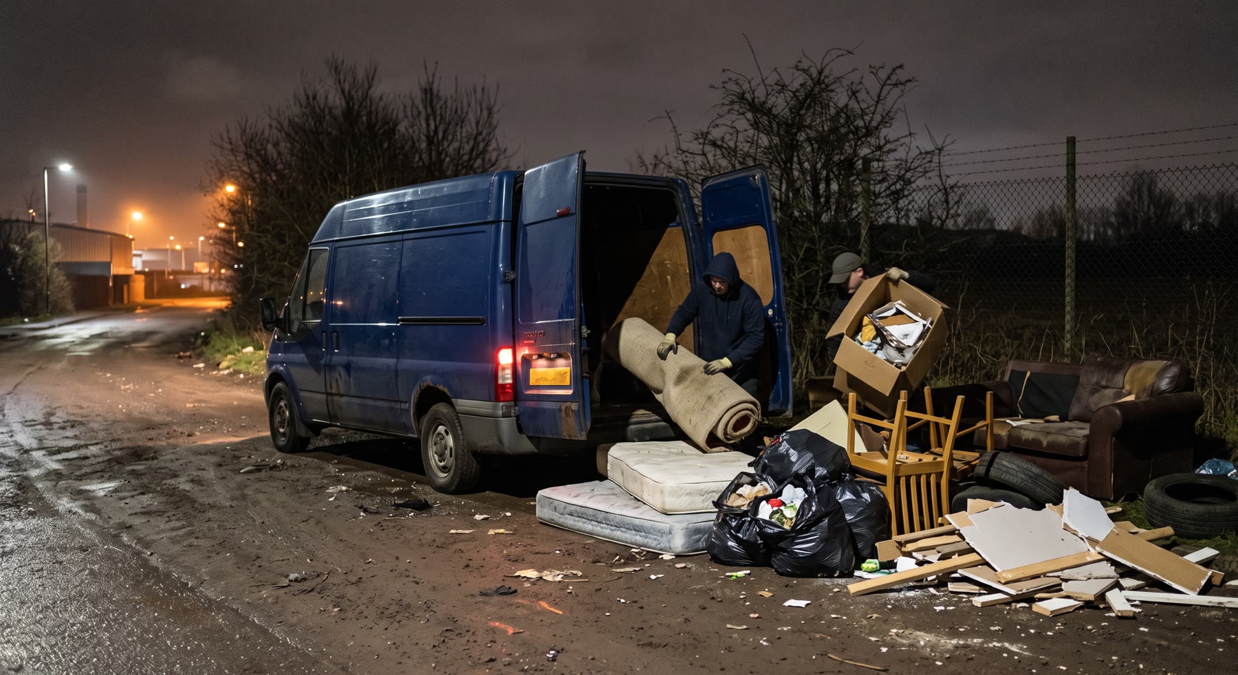 Furniture and rubbish being fly-tipped from a van at night