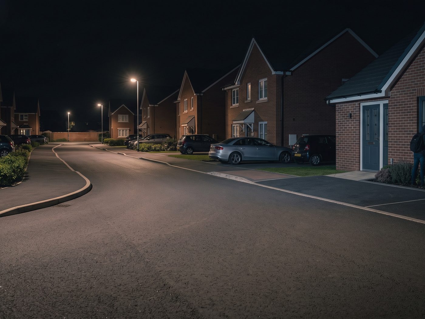 A residential estate street at night
